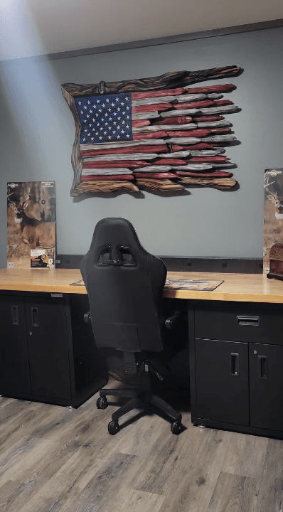 marksflags wooden flag displayed — Home office